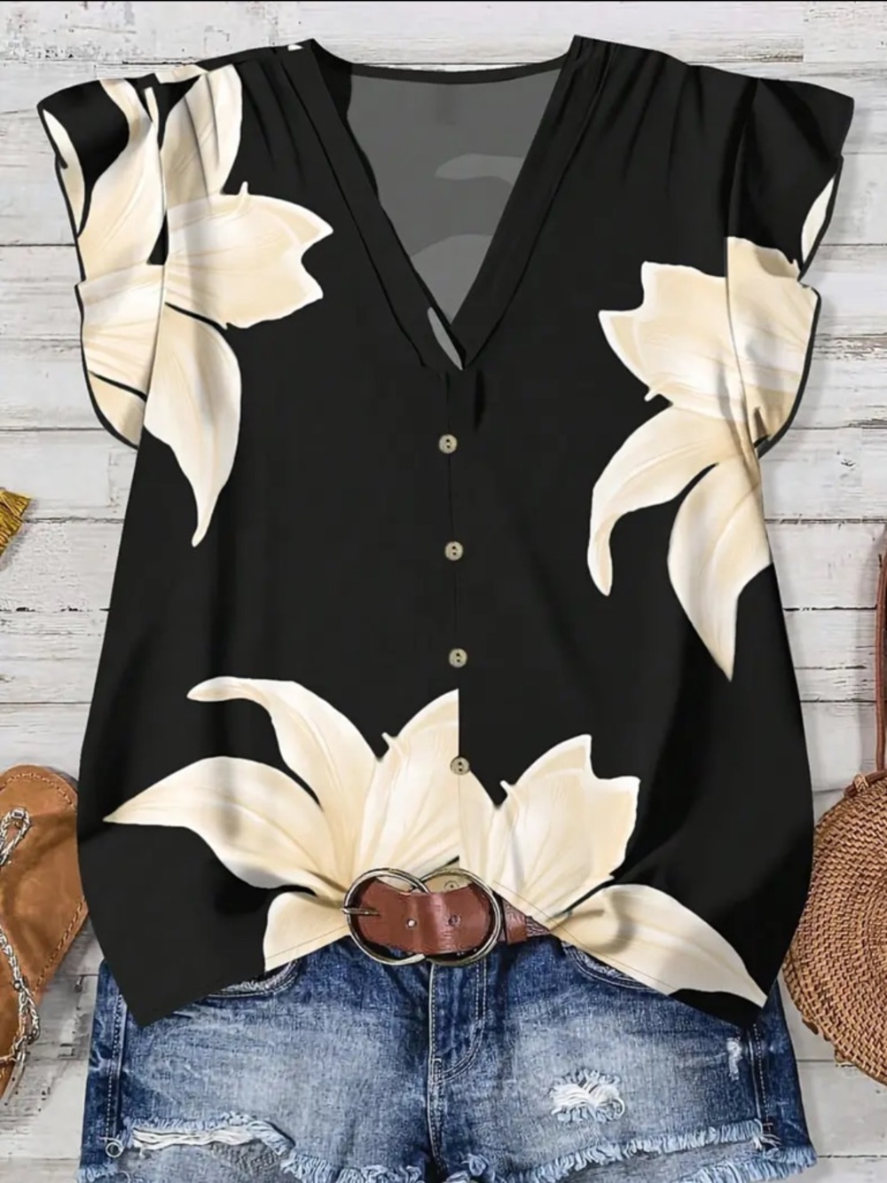 Women’s Floral Print V-neck Short Sleeve  Button down Blouse